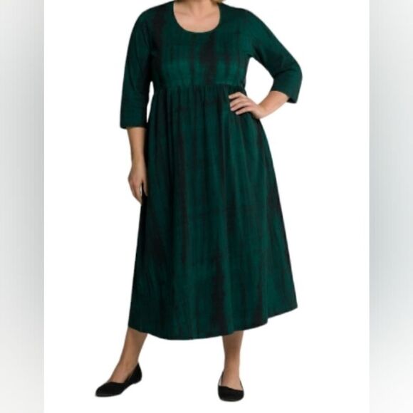 $130 NEW 5X ULLA POPKEN GREEN BLACK TIE DIE EMPIRE A LINE MAXI DRESS 32 34 NWT - Picture 1 of 11